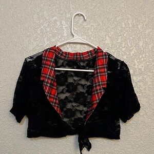 Black Lace Crop Top with Red Plaid Collar